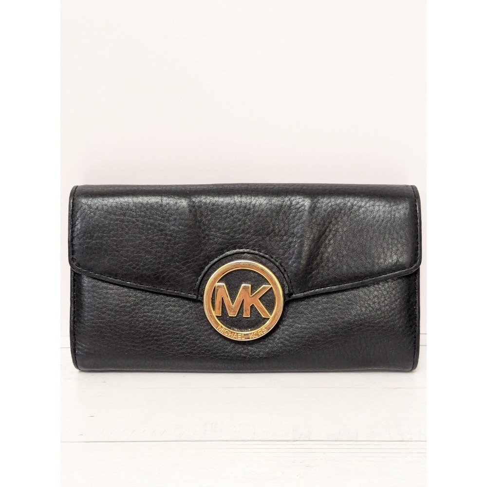 MICHAEL KORS Black Leather Snap Flap Wallet Gold MK Logo Continental Clutch